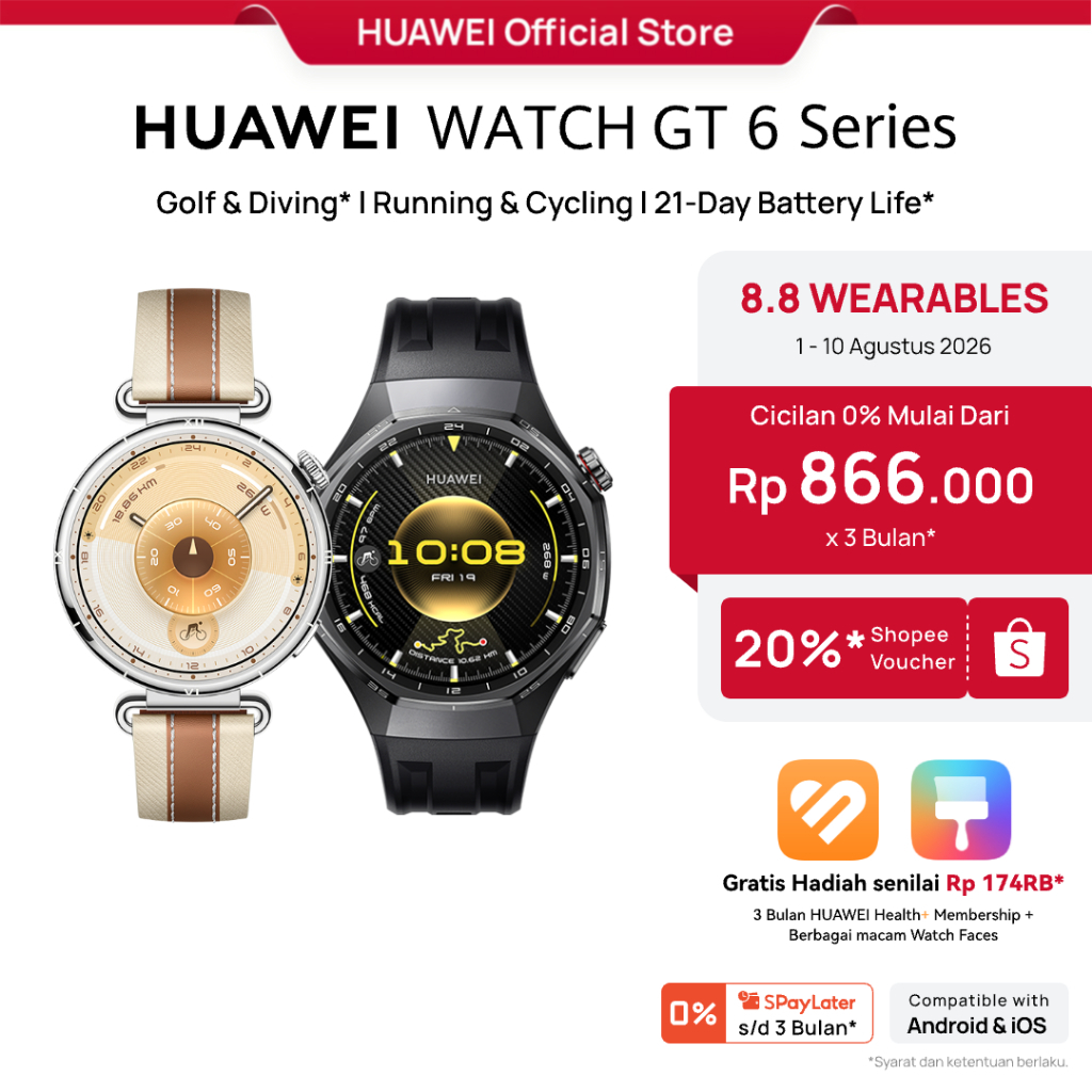 [8.8 s/d 20%*] WATCH GT 6 Series Smartwatch l Golf & Diving* l Running & Cycling l 21-Day Battery Life* / ECG*