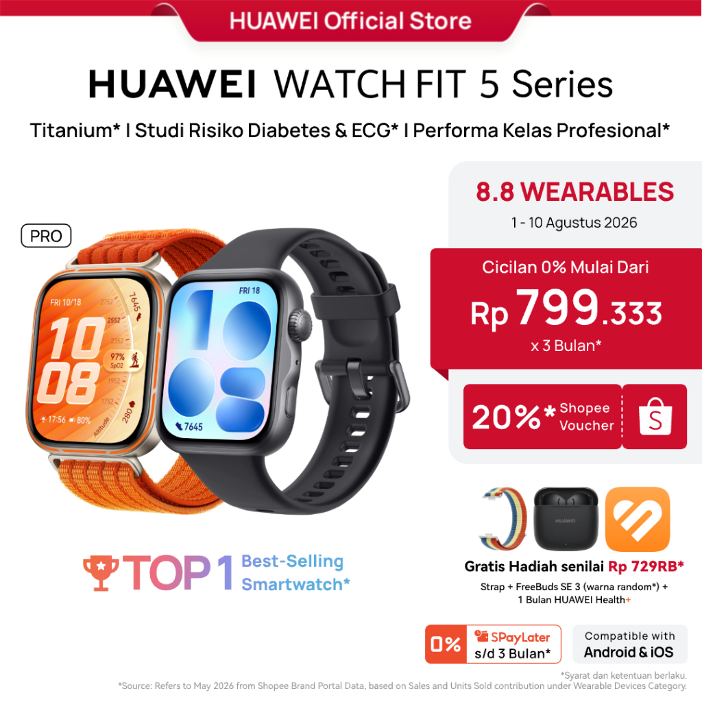 [8.8 s/d 20%*] HUAWEI WATCH FIT 5 Series / Titanium* / Studi Risiko Diabetes & ECG* / Olahraga Outdoor Tingkat Lanjut*