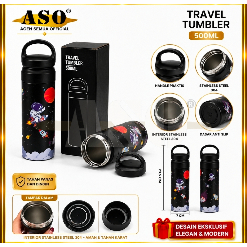Limited Edition !!! Tumbler Travel Japan Hook 500ml Stainless Steel 500ml Desain Abc astronot full printing Ramah Lingkungan, Anti Karat, PROMO !!!
