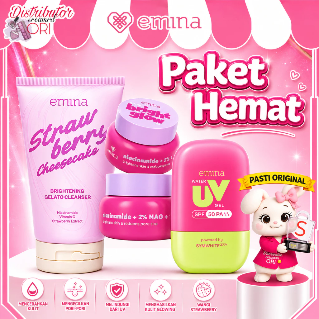[ PAKET ISI 3 PCS ] EMINA Gelato Cleanser Strawberry + Moist Water Bright Glow + Sunscreen Water Uv Gel 25ML / Distributor Cream Ori