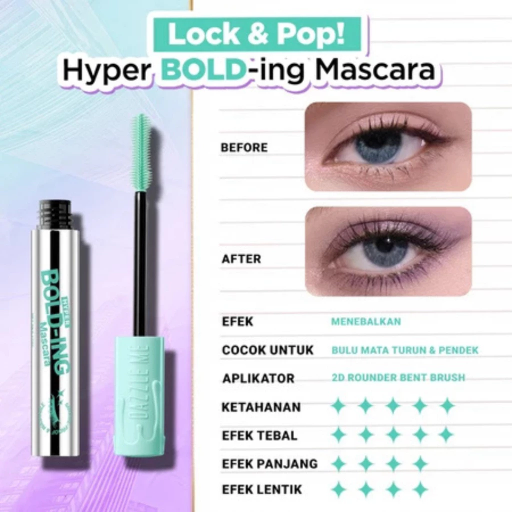 DAZZLE ME Lock & Pop! Hyper Mascara Series BOLD-ing and CURL-ing Mascara / Distributor Cream Ori - Gambar 4
