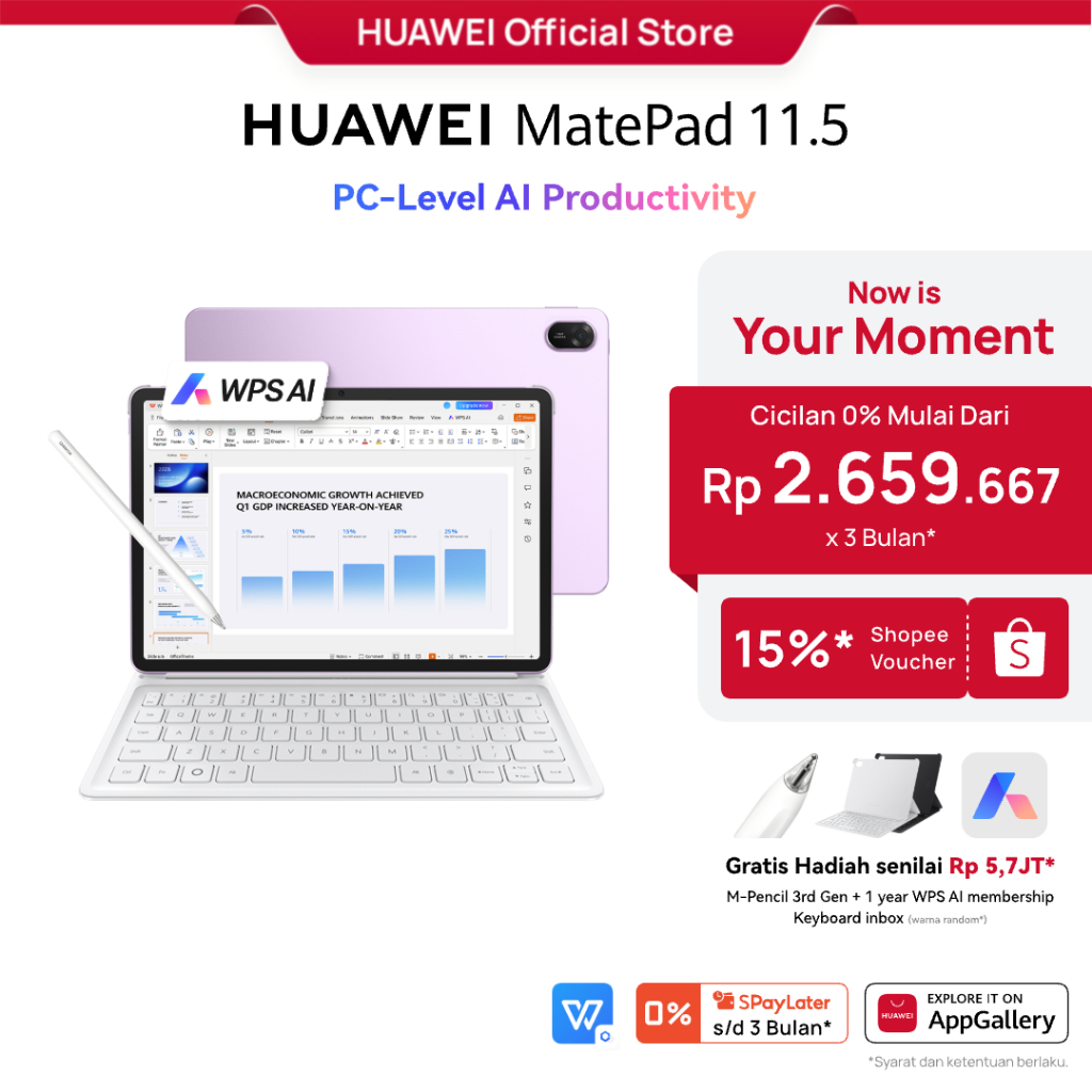 [PayDay s/d 15%] HUAWEI MatePad 11.5 PaperMatte Tablet / Produktivitas WPS Setara PC ditenagai AI / Layar Papermatte / 10,100 mAh 40W HUAWEI SuperCharge