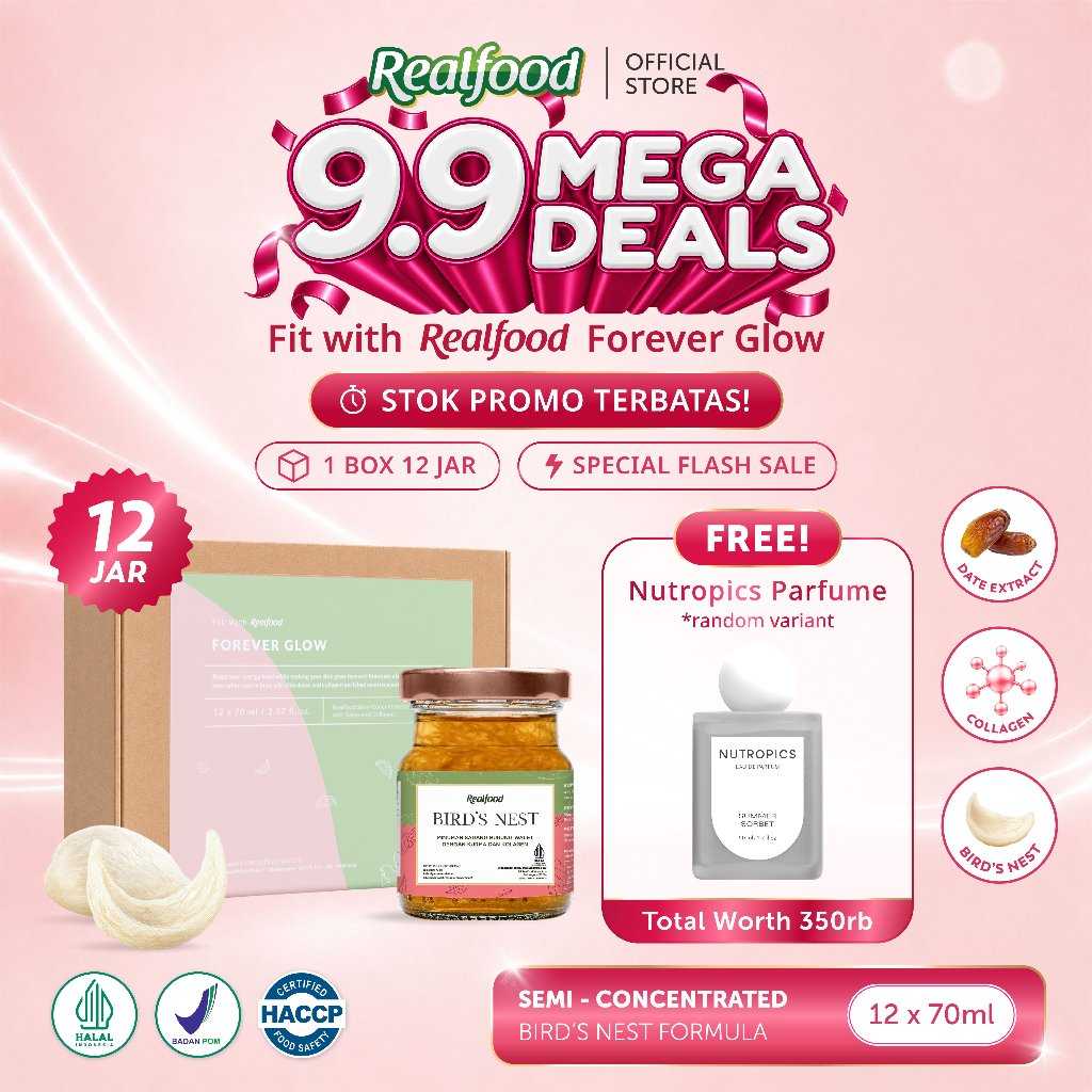 [SPECIAL 9.9 MEGA DEALS] Realfood Forever Glow / Minuman Sarang Burung Walet / Beauty Drink / EGF / Sialic Acid / Ekstrak Kurma / Kolagen / Glowing Skin / Skin Moisture / Imun Harian / Energi Harian / Daily Wellness / Bird Nest Drink