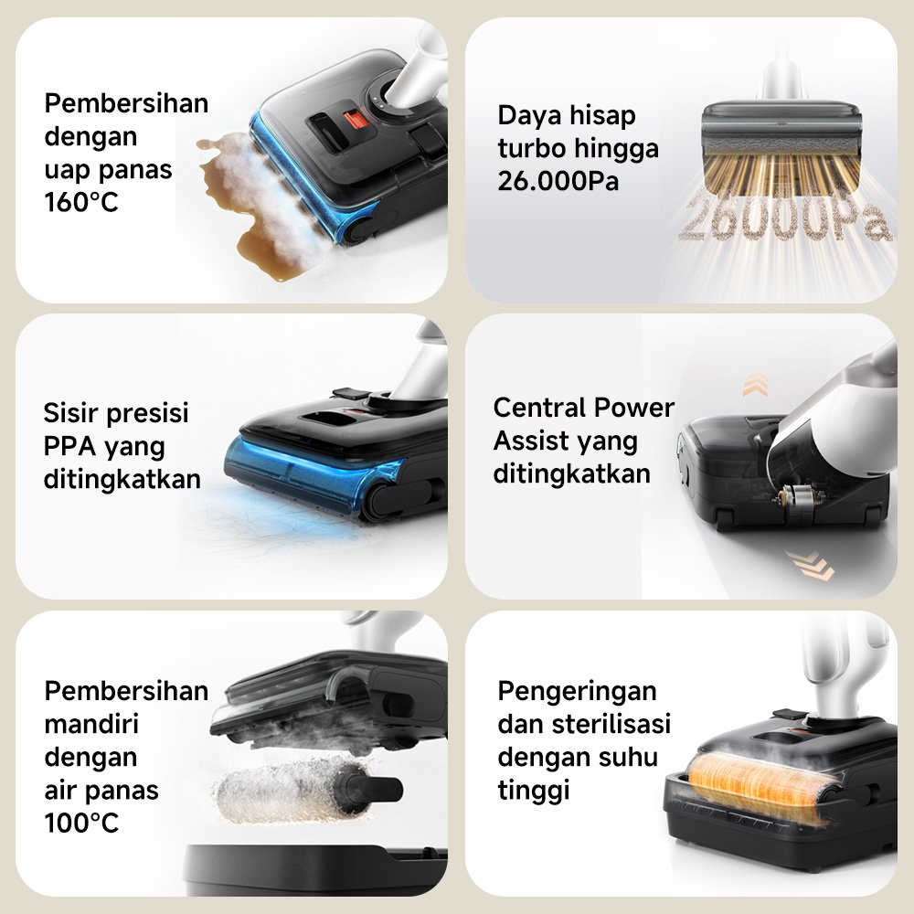 Xiaomi Mijia Wireless Wet Dry Vacuum 5 Pro / Uap Panas 160°C Bersihkan Noda Membandel / Daya Hisap Kuat 26.000Pa Kotoran Basah & Kering / Self-Cleaning 100°C / Pengeringan Bersuhu Tinggi / Vacuum Cleaner [Xiaomi Official Store] - Gambar 3