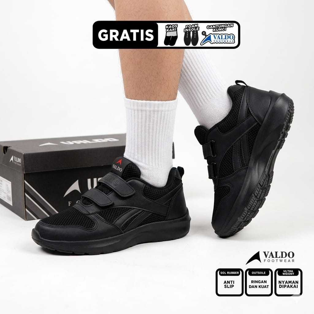 Valdo Footwear Size 24-40 Felix Sepatu Sekolah Anak Paud Tk Sd Perekat Umur 2-15Thn Full Hitam F 020