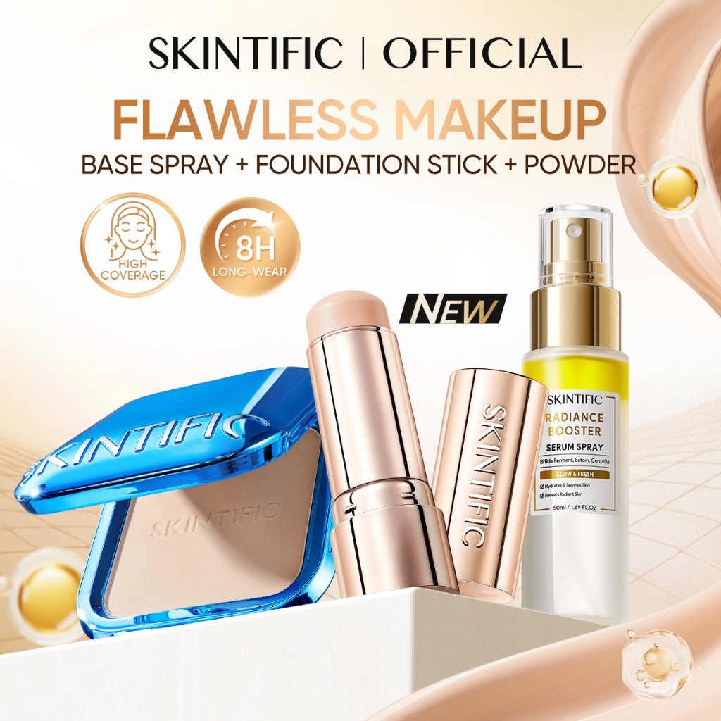 [NEW] SKINTIFIC - Flawless Makeup Set / Base Serum Spray + Foundation Stick + Powder / High Coverage Oil-control Stay Fresh 3PCS 2PCS Combo