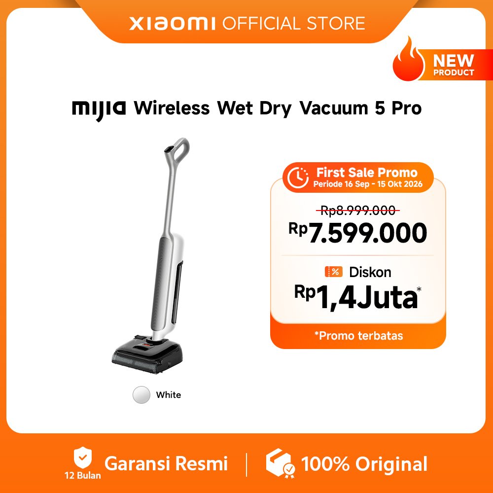 Xiaomi Mijia Wireless Wet Dry Vacuum 5 Pro / Uap Panas 160°C Bersihkan Noda Membandel / Daya Hisap Kuat 26.000Pa Kotoran Basah & Kering / Self-Cleaning 100°C / Pengeringan Bersuhu Tinggi / Vacuum Cleaner [Xiaomi Official Store]