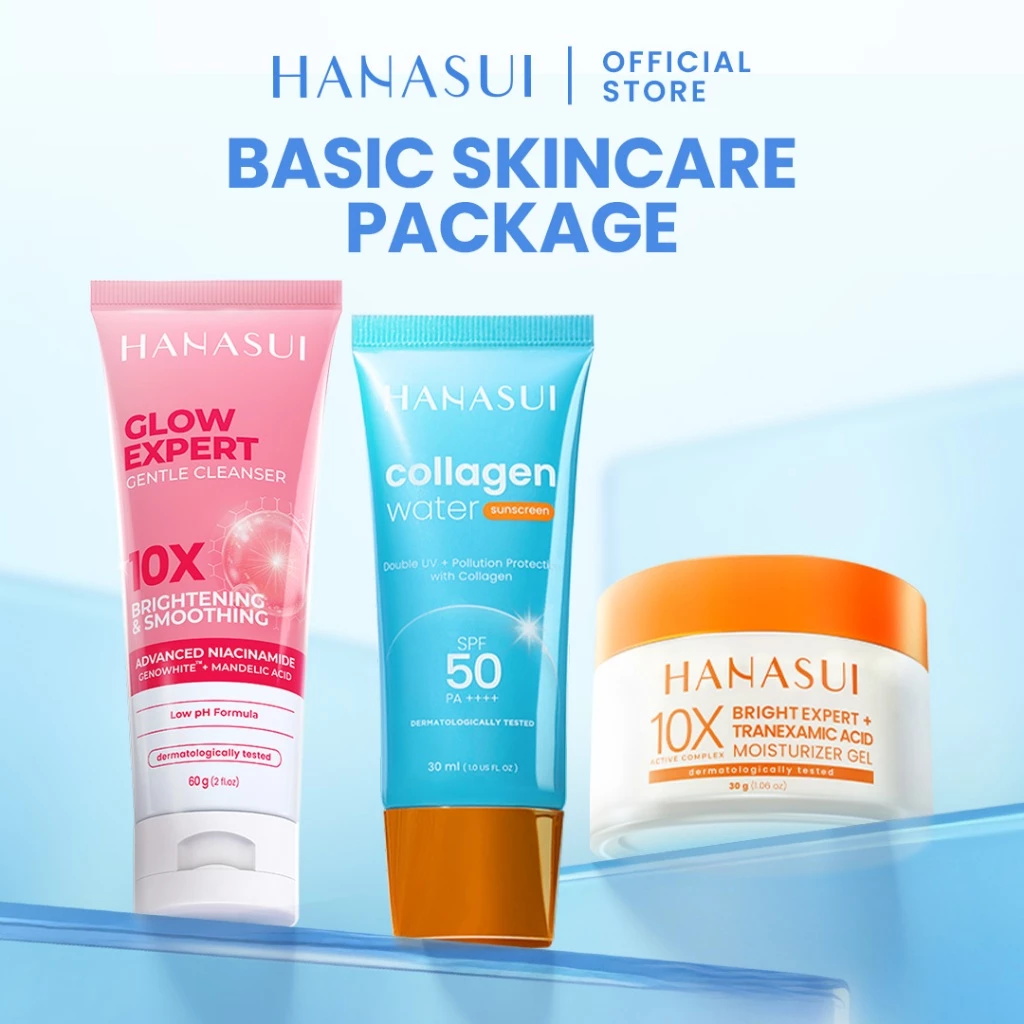 [BUNDLE] Hanasui Basic Skincare Set - Glow Expert Gentle Cleanser Collagen Water Sunscreen SPF 50 Bright Expert Moisturizer Gel Micellar Water Niacinamide Tranexamic Acid Vitamin C Membersihkan Melembapkan Mencerahkan Wajah