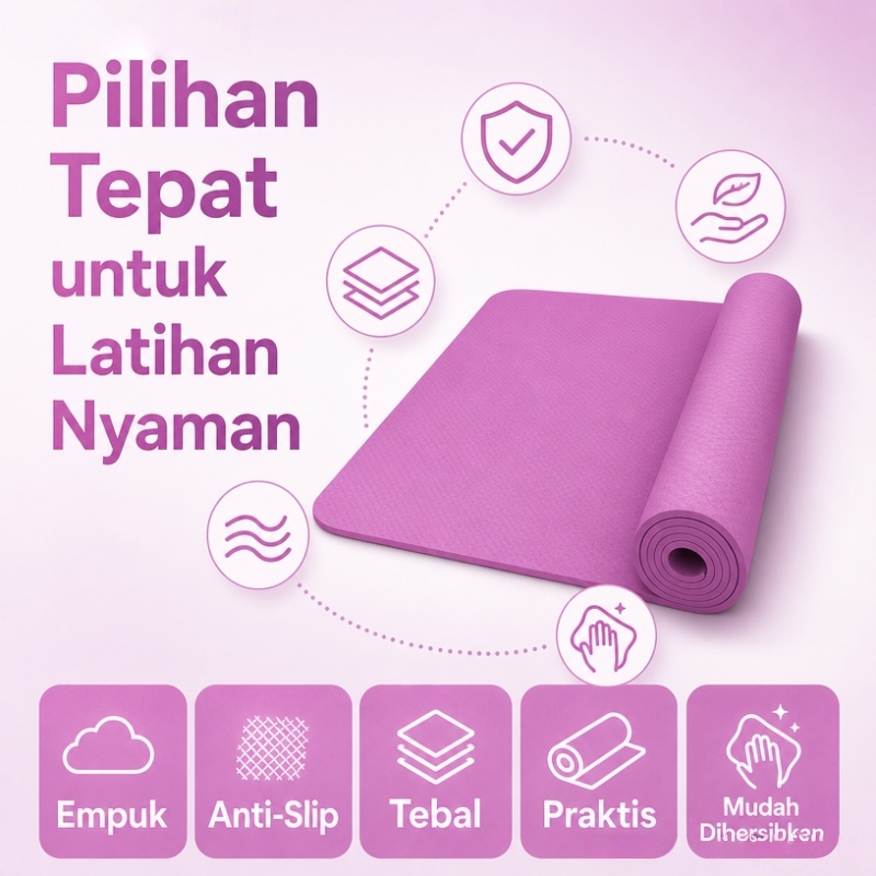 PROYOGA Matras Yoga TPE Premium Anti Selip 2 Sisi Tebal / Peredam Suara, Anti Goyang, Empuk & Nyaman untuk Yoga, Pilates, Gym dan Fitness di Rumah - Gambar 4