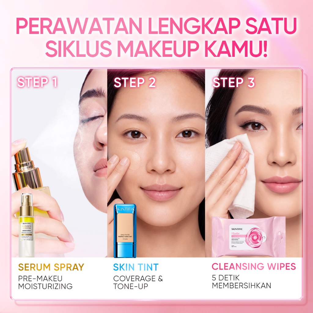 [BUNDLE PROMO] SKINTIFIC - 2IN1 Fast Make-up Set / Glowing Tone-up Natural Glow 2PCS Instant Glow Serum Spray & Blurring Skin Tint Perfect Coverage Flawless BB CC Cream Tinted Foundation Blur Long-lasting Radiant Setting Spray Skincare Bundle Travel Size - Gambar 3