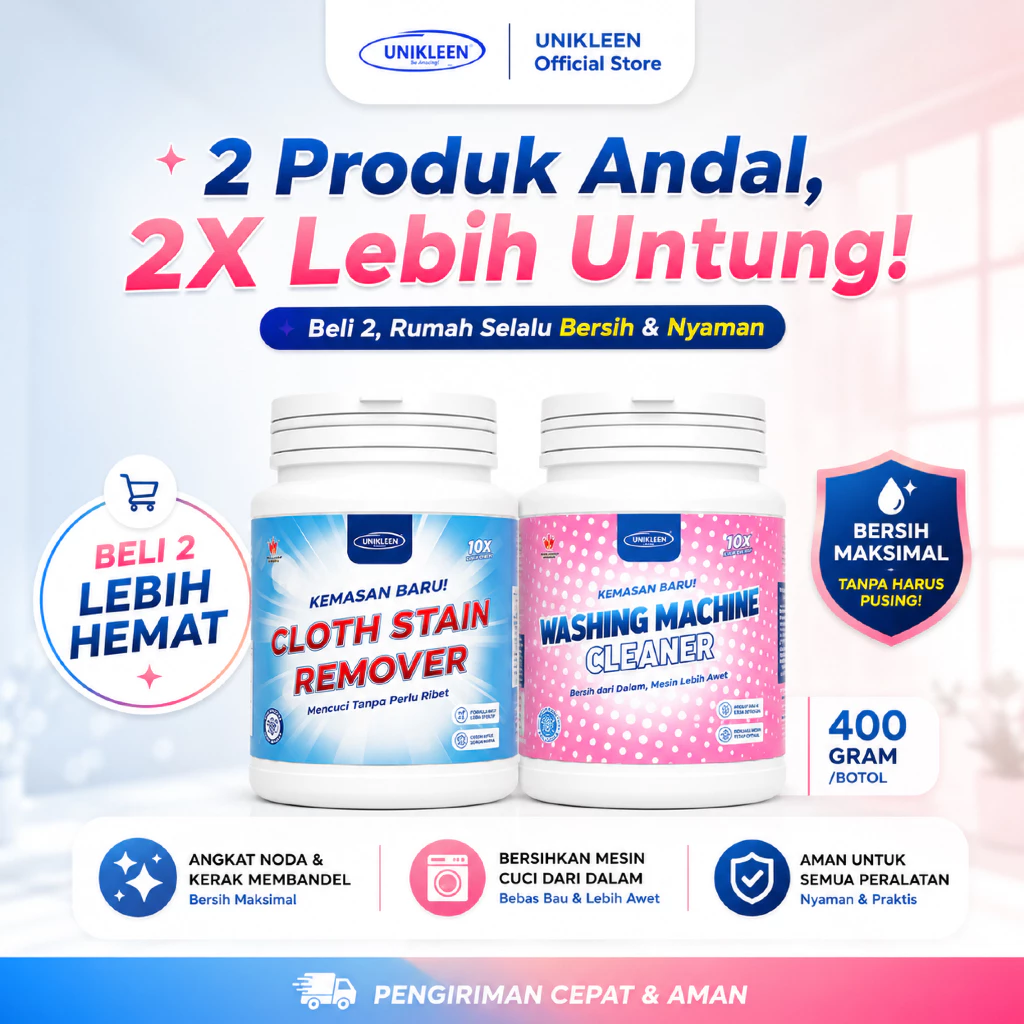 UNIKLEEN By Adreena - PAKET BUNDLING pembersih mesin cuci 400gr & pembersih pakaian 400gr/pemutih pakaian putih ampuh/pembersih noda baju membandel/cloth stain remover/pembersih mesin cuci 1 tabung bukaan atas/pembersih mesin cuci/mesin cuci 2 tabung