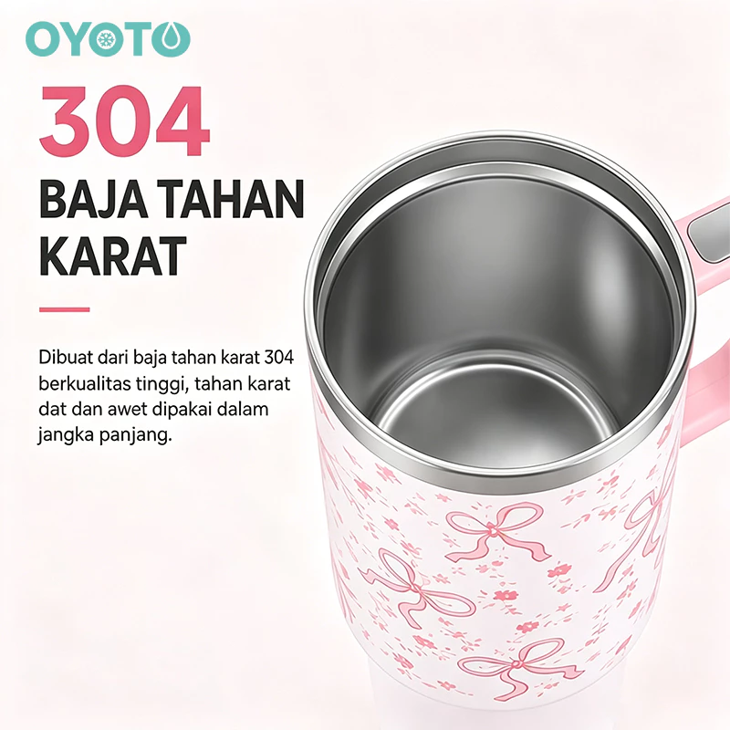 OYOTO Tumbler Vakum 1200ML Pink Motif Hati Stainless Steel Tahan Dingin Panas 24 Jam Portable Outdoor - Gambar 4
