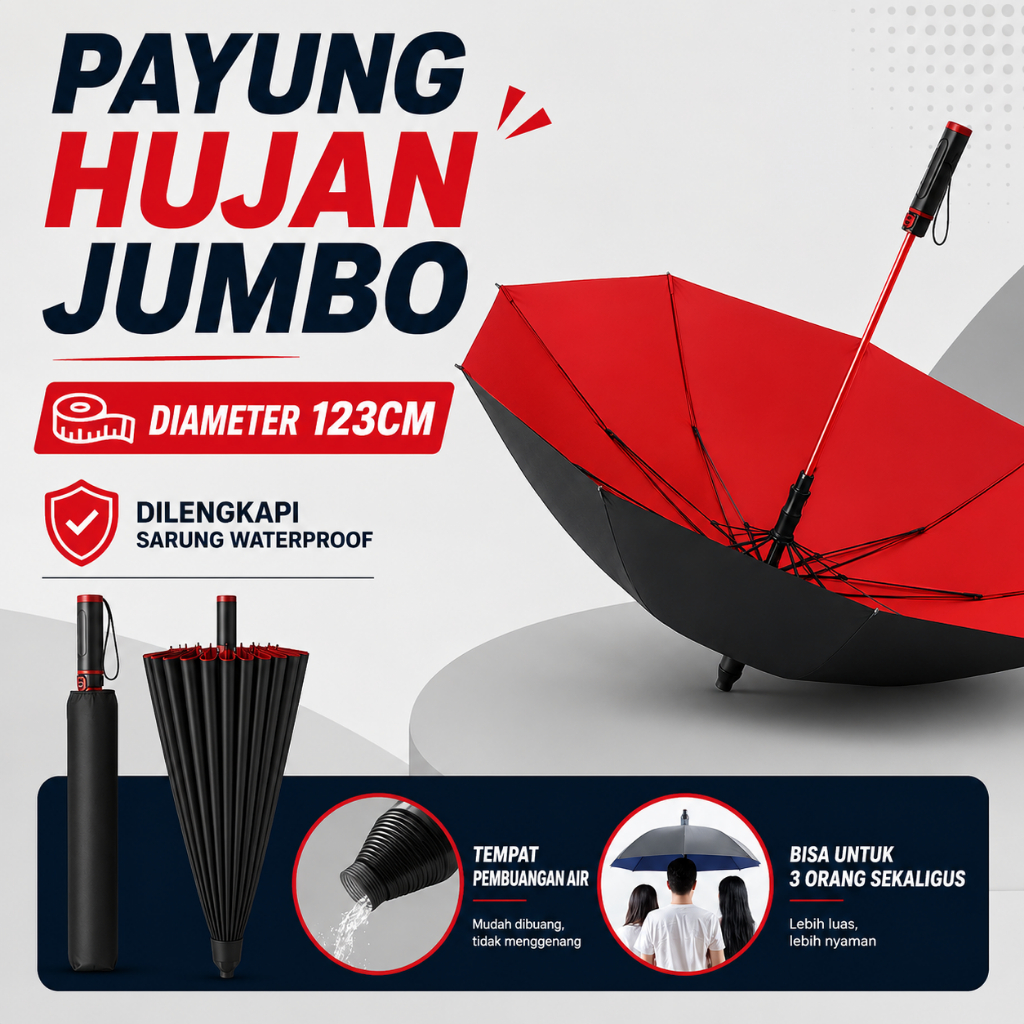 Payung Hujan Jumbo Golf Otomatis Diameter 123 cm Tahan Angin Muat 3 Orang
