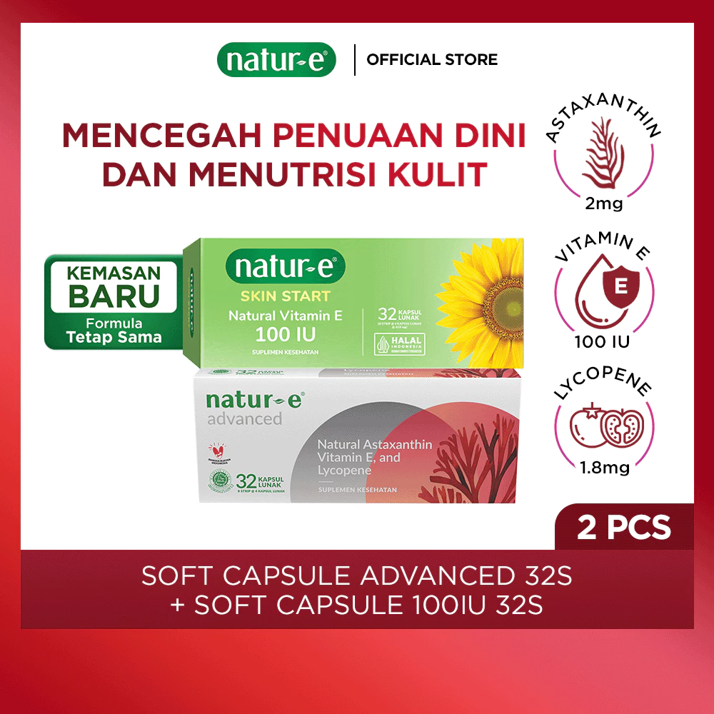 Natur-E Paket Soft Capsule - Skin Start Natural Vitamin E 100 IU 32s & Advanced 32s - Suplemen Kecantikan Dengan Vitamin E & Astaxanthin - Membantu Menjaga Kesehatan Kulit dari Dalam