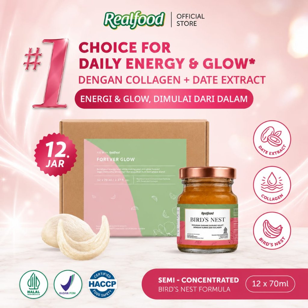 Realfood Forever Glow / Minuman Sarang Burung Walet / Beauty Drink / EGF / Sialic Acid / Ekstrak Kurma / Kolagen / Glowing Skin / Skin Moisture / Imun Harian / Energi Harian / Daily Wellness / Bird Nest Drink