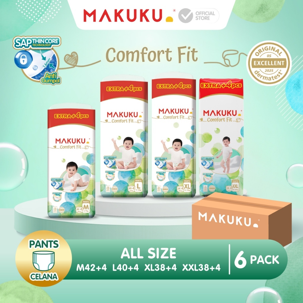 [6 PACK KARTON] MAKUKU SAP Diapers Comfort Fit Jumbo +4 Pants / Celana M42+4 / L40+4 / XL38+4 / XXL38+4 Popok Bayi Tipis Extra Dry Anti Gumpal Mengunci Cairan Cepat Kering Type Celana