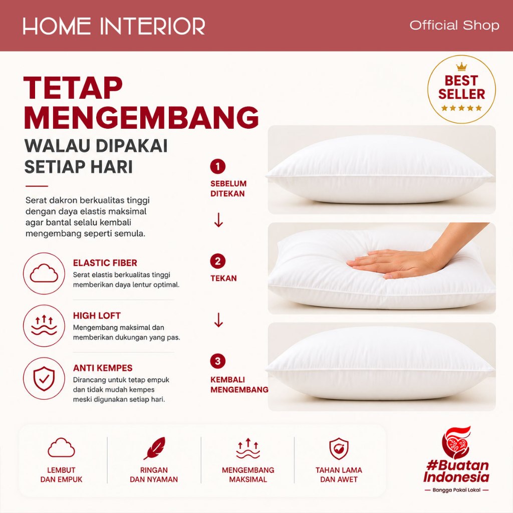 HOMEINTERIOR Bantal Guling Tidur 60 x 40CM Bantal Hotel Premium Isi Dakron Anti Kempes - Gambar 4