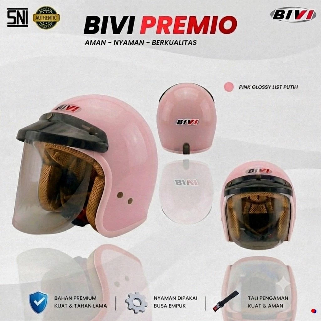 Helm Bogo Wanita Retro BIVI PREMIO LIst Pink Dengan Desain Elegan Cewek Remaja Dan Dewasa SNI Half Face Ukuran M - L - Gambar 4