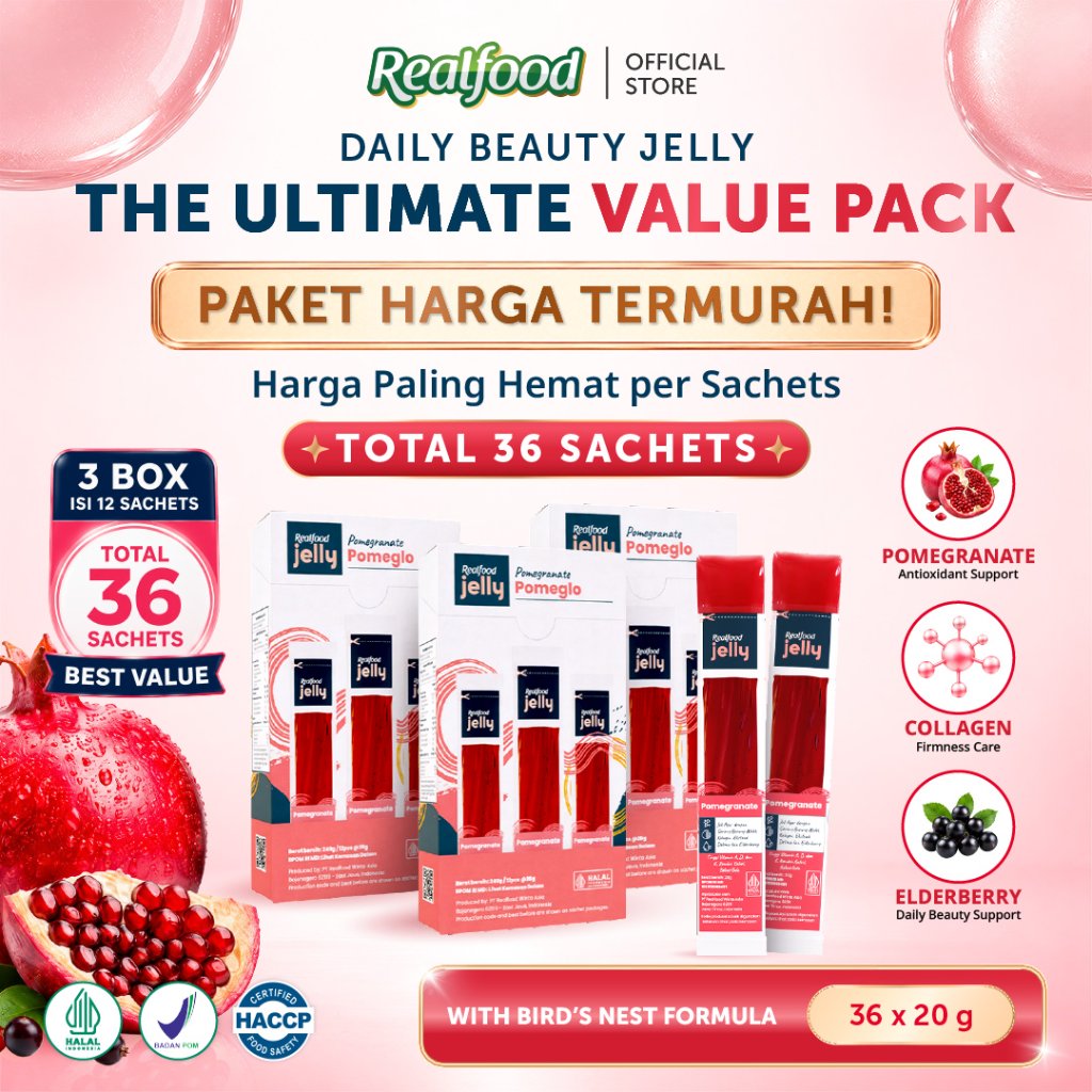 BEST VALUE BUNDLE 36 Sct Realfood Jelly Pomeglo / Jelly Glowing Skin / Beauty Jelly / Pomegranate / Collagen / Retinol / Kulit Cerah / Glowing Skin / Firming Skin / Elastisitas Kulit / Kulit Kencang / Antioksidan / UV Care / Daily Beauty Snack