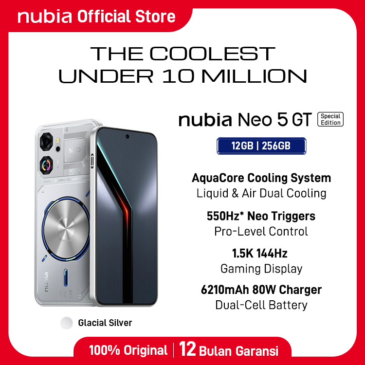 nubia NEO 5 GT Special Edition Liquid Cooling System RAM 12GB ROM 256 GB Air Cooling Fan 80W Fast Charging 550Hz Neo Triggers Handphone Gaming Garansi Resmi Android