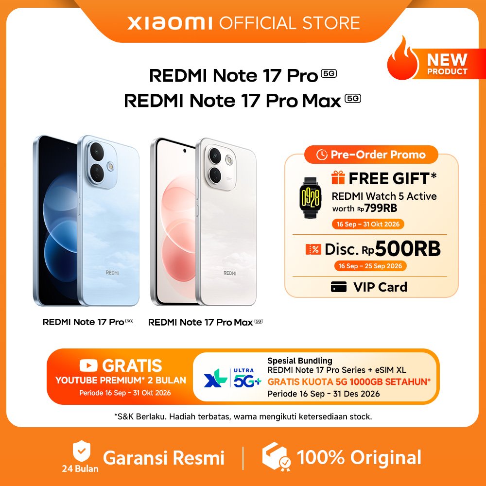 Xiaomi REDMI Note 17 Pro 5G (8GB+256GB) (8GB+512GB)/ REDMI Note 17 Pro Max 5G (8GB+256GB) (8GB+512GB) / 10000mAh & 100W HyperCharge* / IP69K Tahan Debu & Air / Corning® Gorilla® Glass Victus® 2/ Kamera AI Ultra-Clear [Xiaomi Official Store]