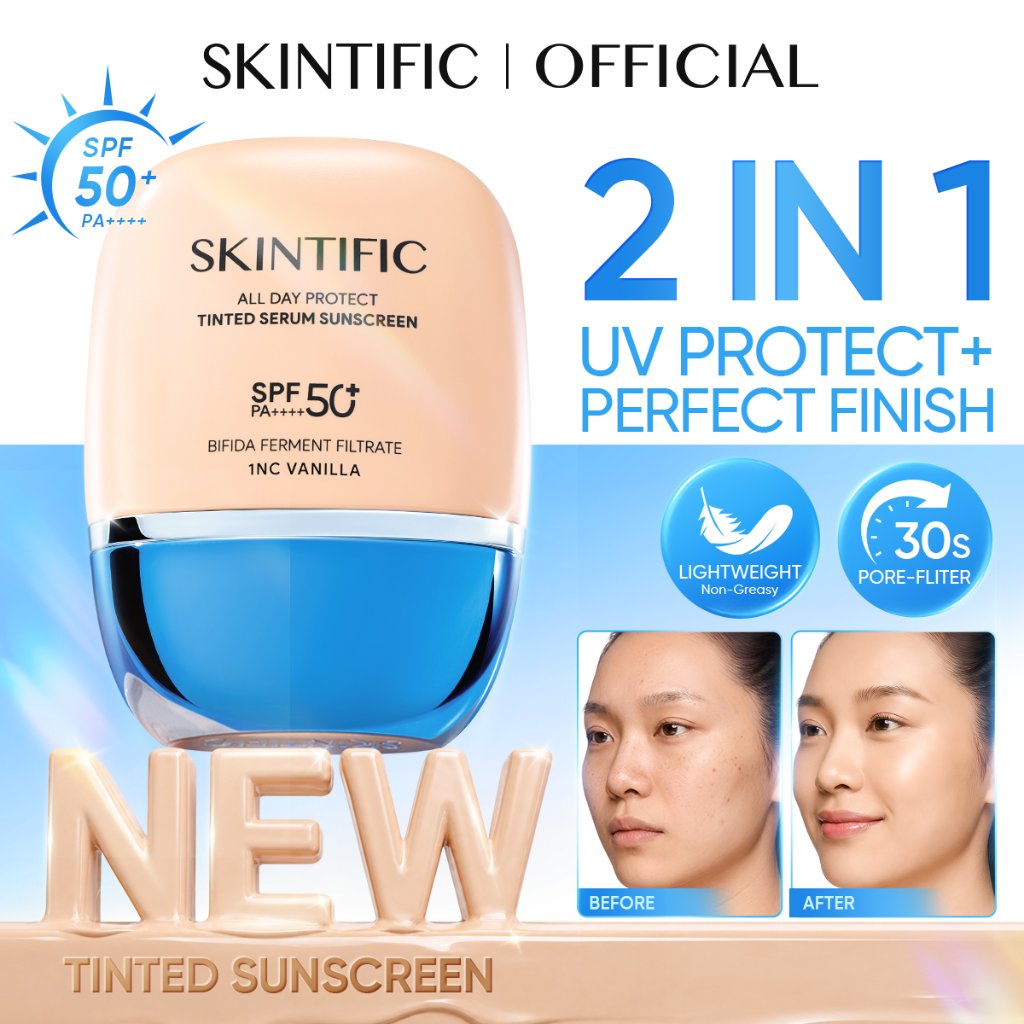 NEW LAUNCH / SKINTIFIC - SPF 50+ PA++++ All Day Protect Tinted Serum Sunscreen / High Coverage Soft Glow Finish Skin tint Lightweight Foundation No White Cast Daily UV Protection Kulit Berminyak Anti-cakey