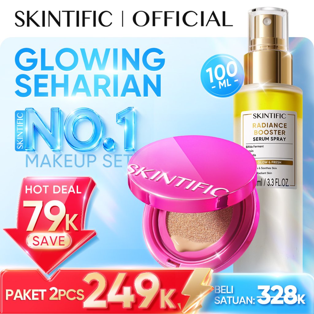 [BUNDLE PROMO] SKINTIFlC - 2PCS Glow Makeup Set / Cover Glow Perfect Pink Cushion + Instant Glowing Serum Spray Combo