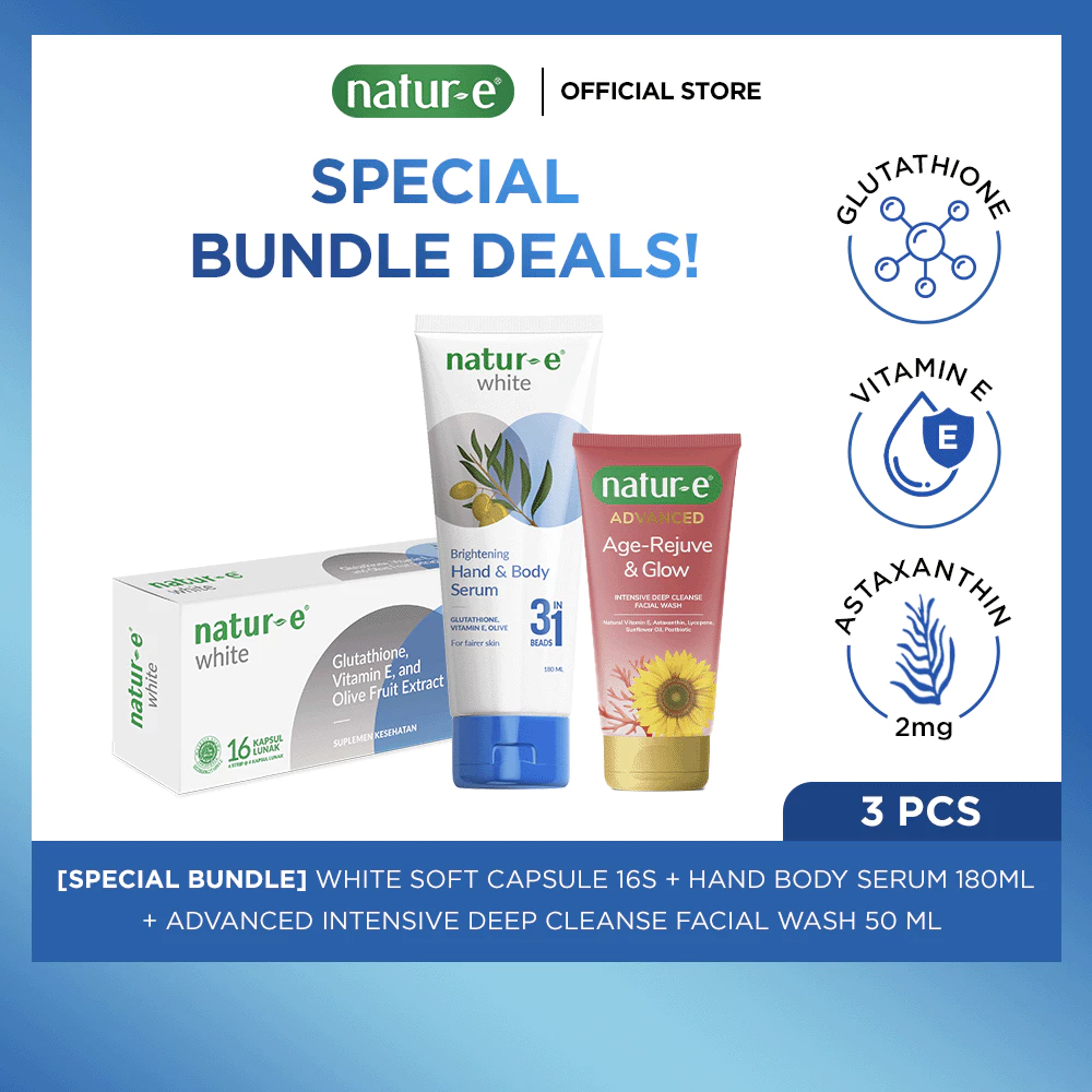 Natur-E Special Bundle White Soft Capsule 16s + Hand Body Serum 180ML + Advanced Intensive Deep Cleanse Facial Wash 50 ml