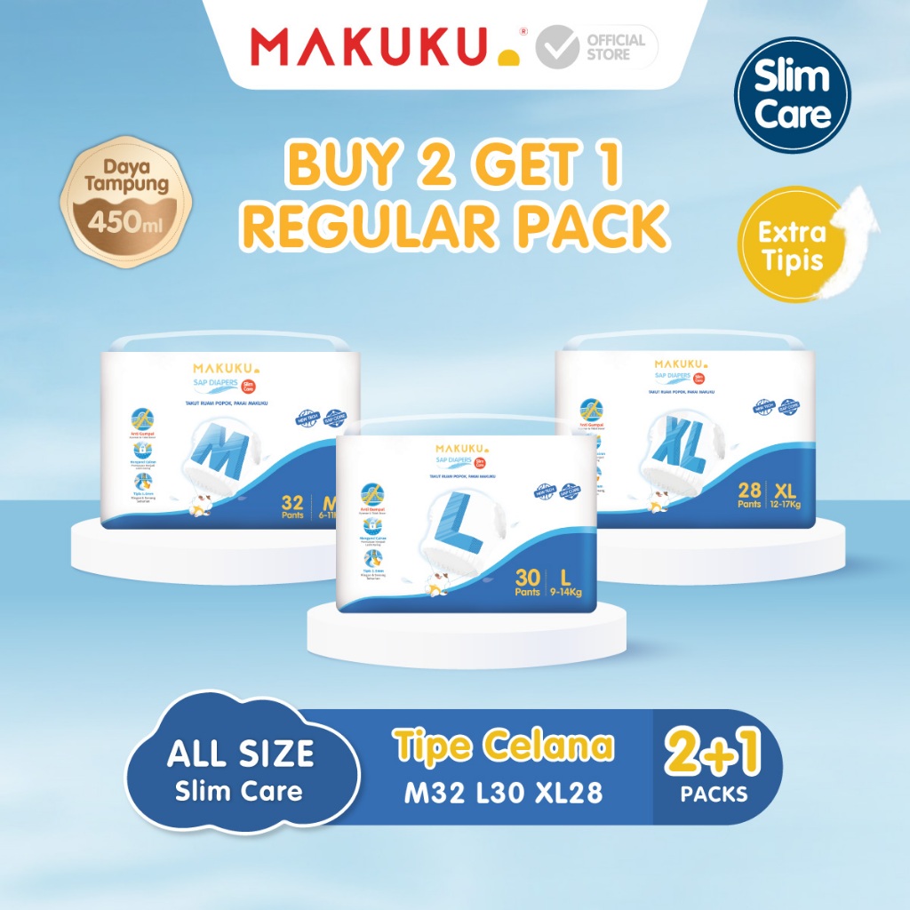 [BUY 2 GET 1 PACK FREE] MAKUKU SAP Diapers Slim Care Pants M/L/XL/XXL & Slim Care Skin Joy M32 / L30 / XL28 / XXL26 Popok Tipis Anti Gumpal Mengunci Cairan