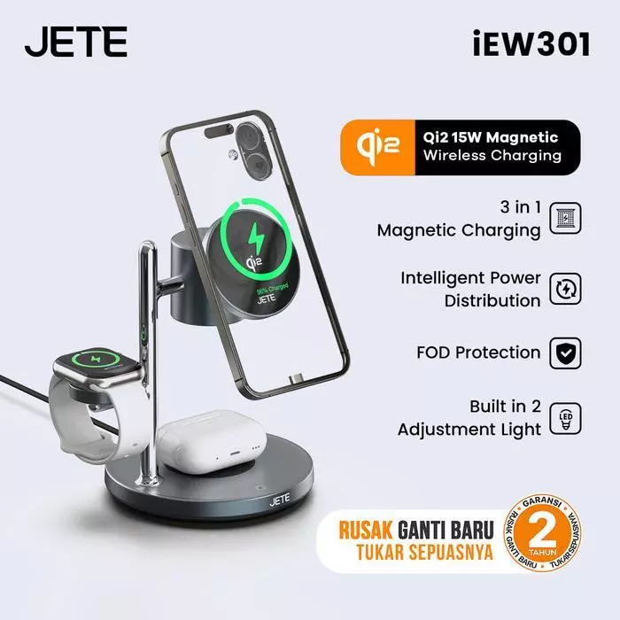 JETE iEW301 Pengisi Daya Nirkabel Magnetik 15W Qi2 3 in 1 dengan Lampu Pemegang Magnetik untuk iPhone Airpods Watch Proteksi FOD Distribusi Daya Pintar