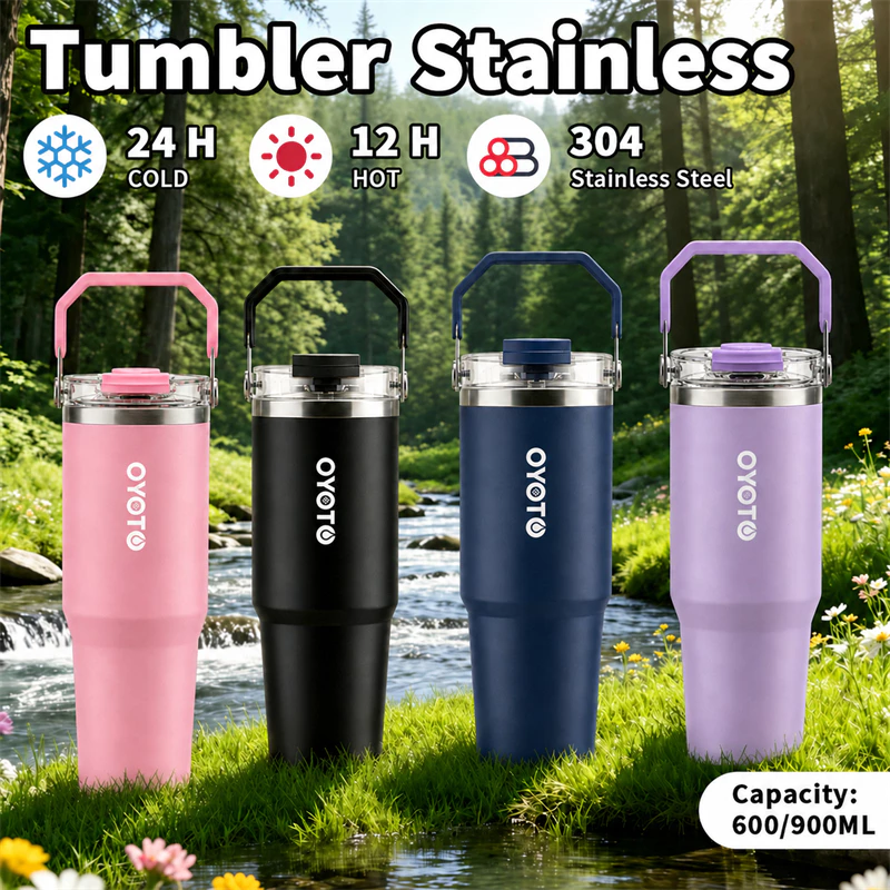 OYOTO Tumbler Gelas Termos Tumbler Stainless Portable Bottle Dua Lapisan Insulasi Kapasitas 900ml With Handle Travel