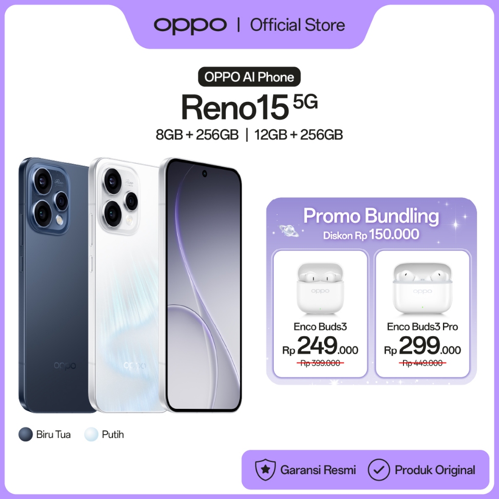 [BARU] OPPO Reno15 5G 8+256GB & 12+256GB [3.5x Telephoto Vibe Portrait, 6500mAh Battery 80W SUPERVOOC, IP69 Water & Dust Resistance]