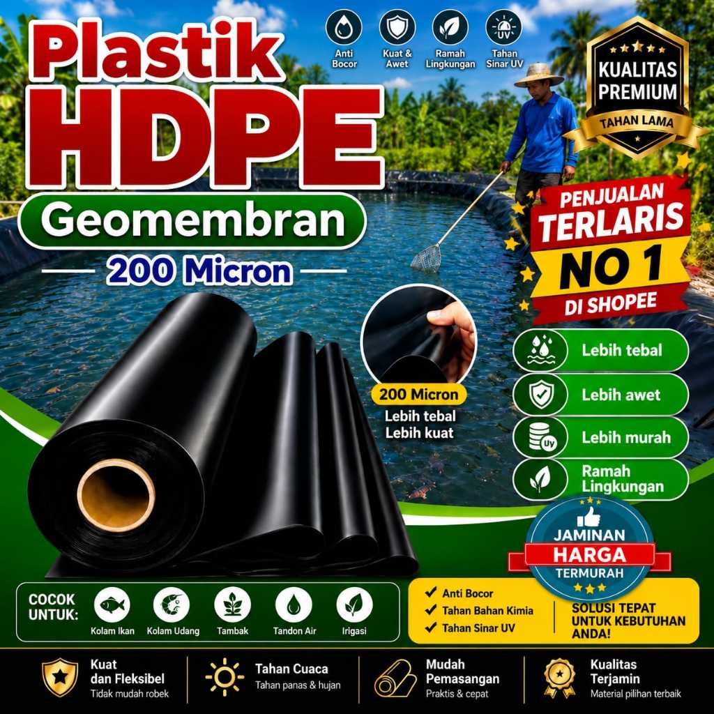 HDPE GEOMEMBRANE PLASTIK KOLAM Tebal - Lebar 4 Meter dan 3 meter ( setelah dibelah ) - Ketebalan 150 dan 200 Micron