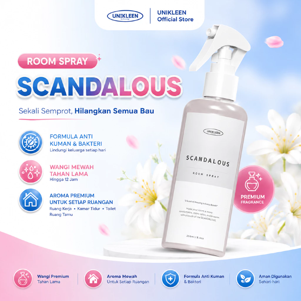 Unikleen Bed & Room Spray Scandalous - Pengharum Ruangan Anti Bakteri, Pewangi Sofa & Kasur, Linen Spray Tahan Lama