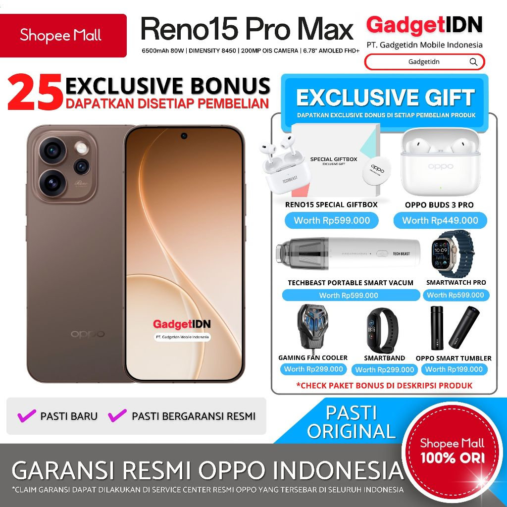 OPPO Reno 15 PRO MAX 5G 12/512GB ( +12GB EXTENDED RAM ) Garansi Resmi OPPO