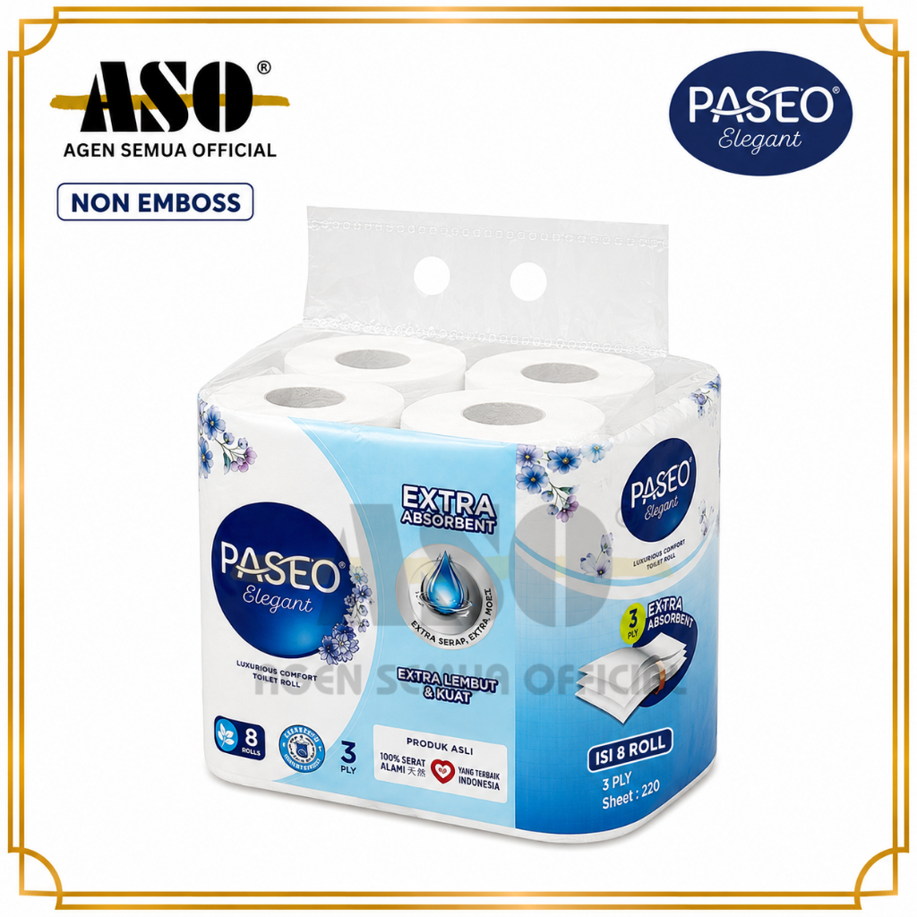 PREMIUM Tisu Paseo Elegant tissue Toilet core 300 sheet 3ply NON EMBOSS (8 ROLL) bathroom PROMO !!!