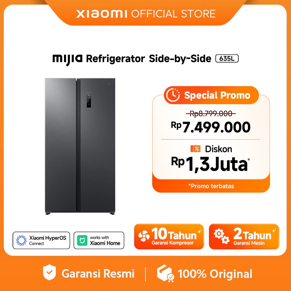 Xiaomi Mijia Side-by-Side Refrigerator 635L / Kulkas 2 Pintu / Kontrol pintar dengan Xiaomi Home App / Kapasitas Besar 635L dengan Desain Ultra-Slim / Dual Inverter / Ag+ Silver Ion: Anti-bakteri & Penghilang Bau [Xiaomi Official Store]