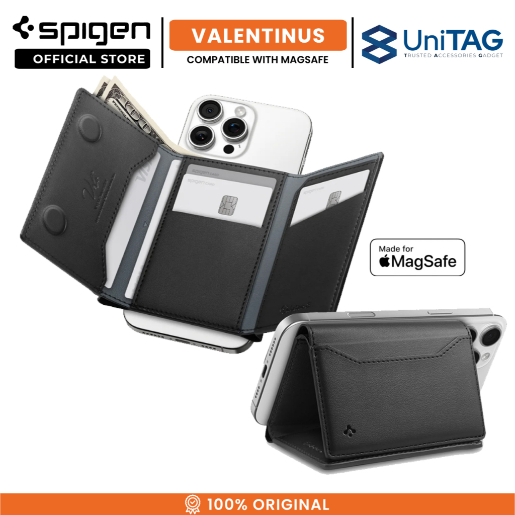 Foldable Card Holder Magnetic Spigen Valentinus S Trifold Kickstand HP Leather Wallet Dompet Kartu Magsafe