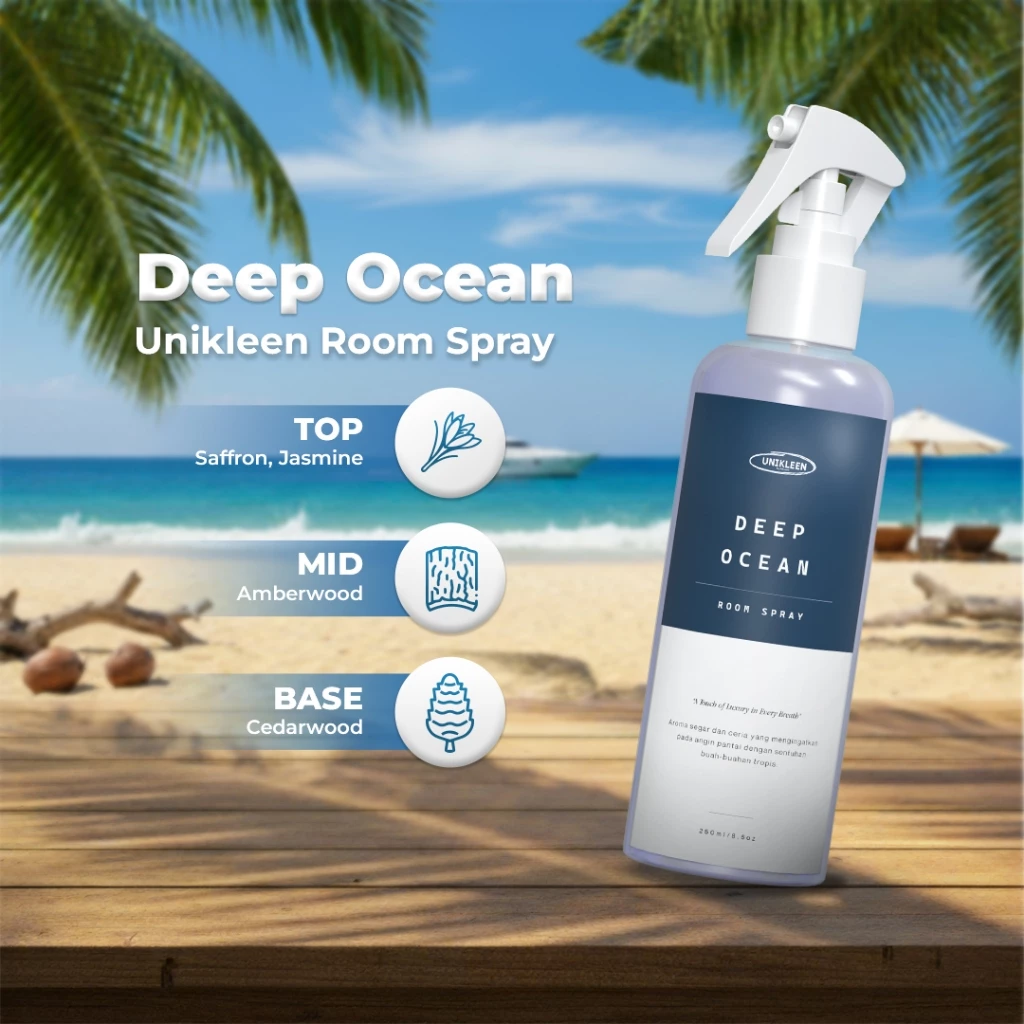 Unikleen Bed & Room Spray Deep Ocean - Pengharum Ruangan Anti Bakteri, Pewangi Sofa & Kasur, Linen Spray Tahan Lama