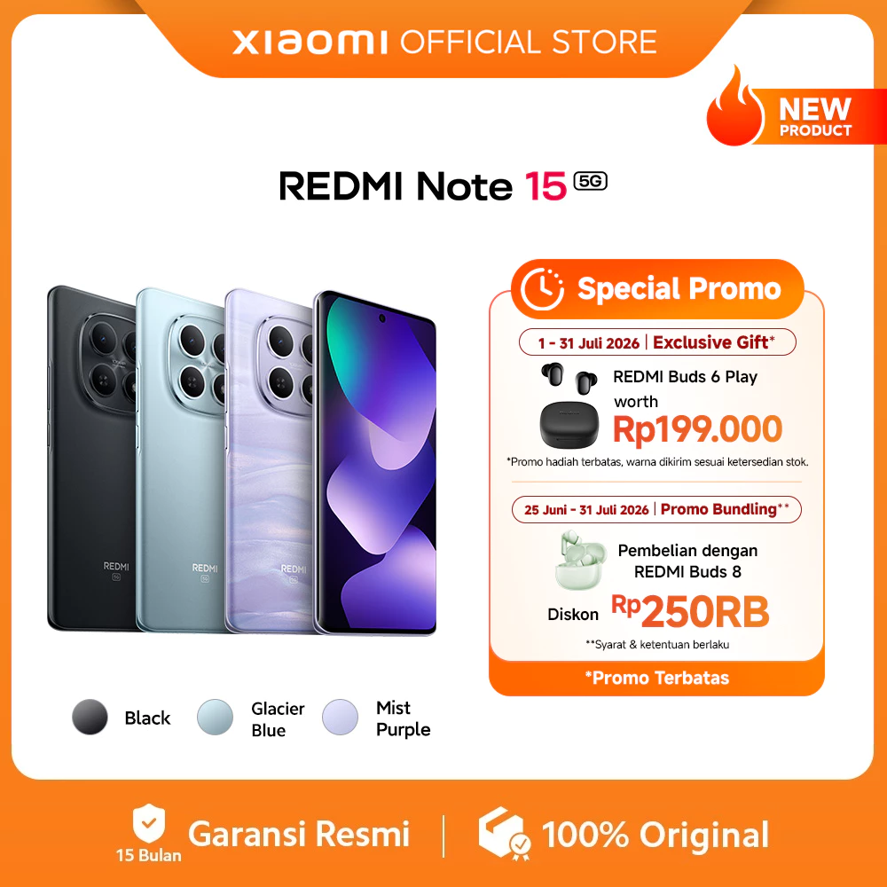 Xiaomi Redmi Note 15 5G (6/128 GB) (8/256 GB) (12/512 GB) | Baterai 5520mAh dengan desain ramping | Kaca layar dengan daya tahan tinggi | IP66 Ketahanan debu dan air | Kamera super jernih 108MP | Layar AMOLED FHD+ 6,77" | NFC [Xiaomi Official Store]