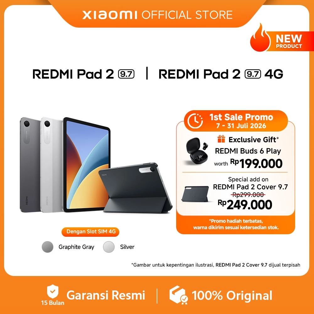 REDMI Pad 2 9.7 | REDMI Pad 2 9.7 4G | (4GB/64GB) (4GB/128GB) | 9.7" 2K 120Hzz layar super-jernih | Baterai besar 7600mAh (typ) | Snapdragon 6s 4G Gen 2 dengan 4G* | Ditenagai Xiaomi HyperOS | Tablet Android | Tablet SIM Card [Xiaomi Official Store]