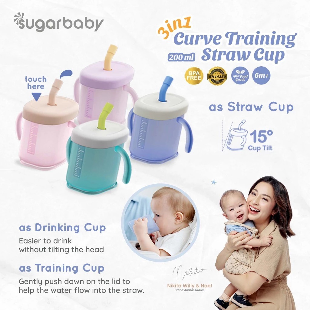 Sugarbaby Gelas MPASI Bayi 3in1 Anti Tumpah - Curve Training Straw Cup Anti Bocor BPA FREE - Gambar 2