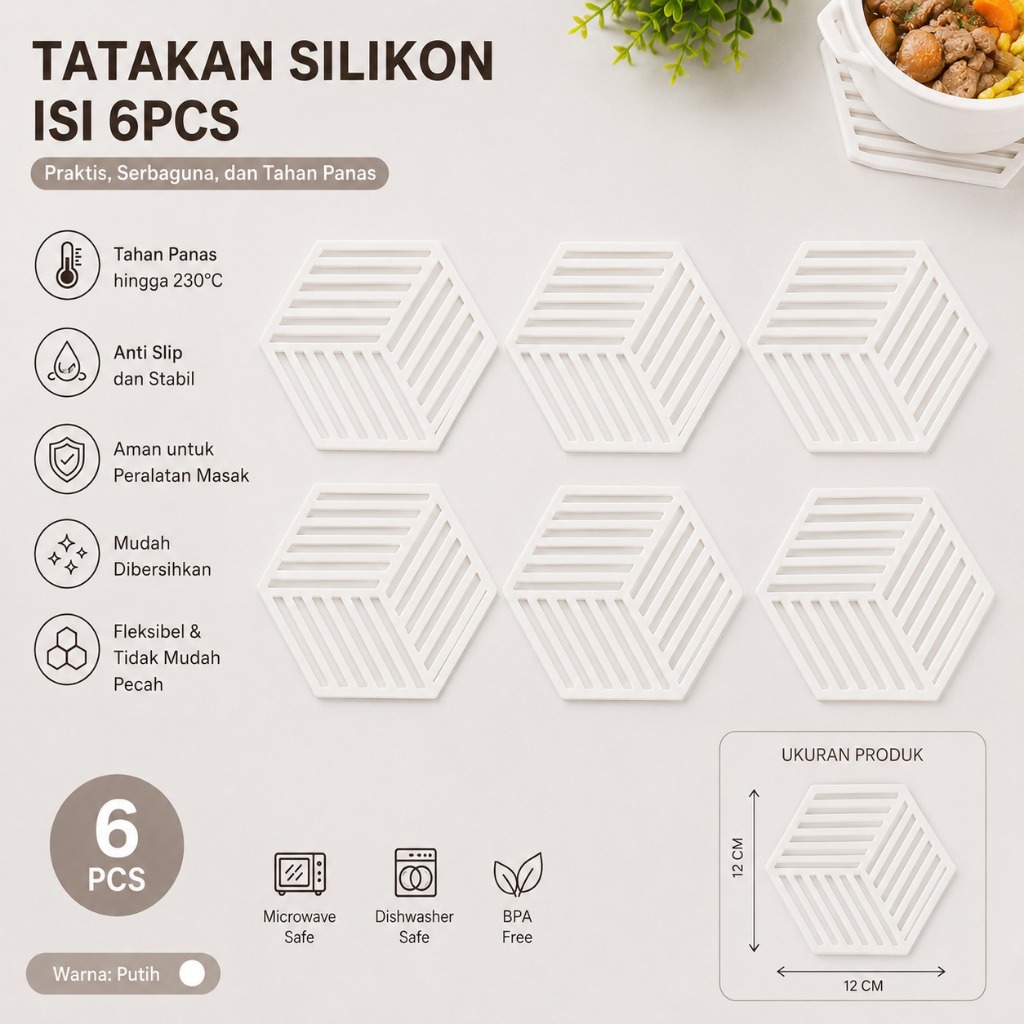 TATAKAN SILIKON SERBAGUNA 6 PCS PUTIH ,TATAKAN ALAS GELAS MANGKOK