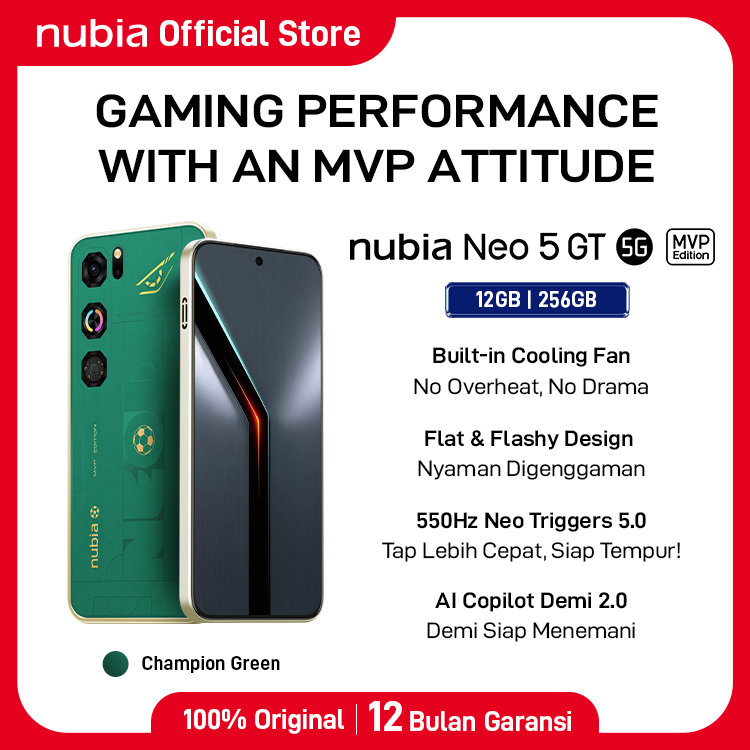 nubia NEO 5 GT MVP Edition RAM 12GB ROM 256 GB Built in Air Cooling Fan 80W Fast Charging 550Hz Neo Triggers Handphone Gaming Garansi Resmi Android