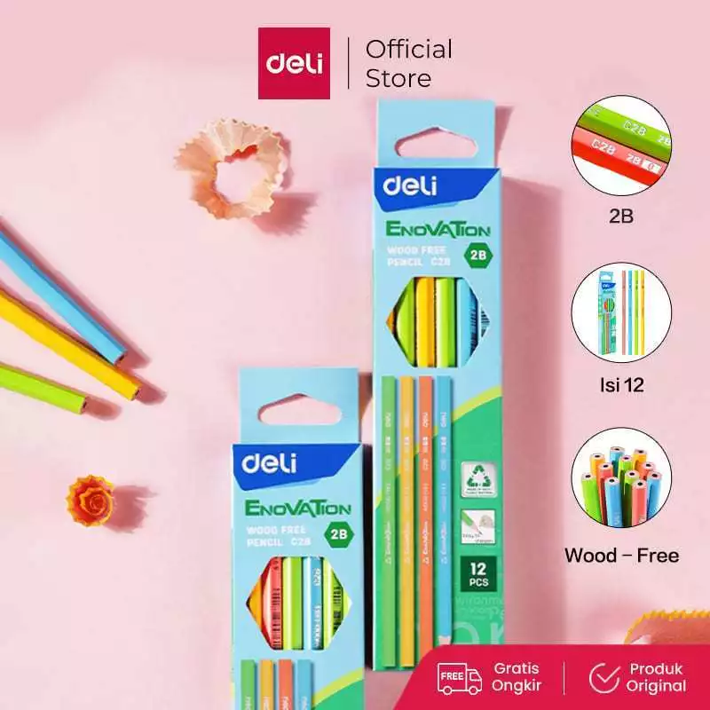 Deli x Cicimaksan Wood Free Pencil / Pensil 2B Isi 12 Ramah Lingkungan Bahan Daur Ulang EC28