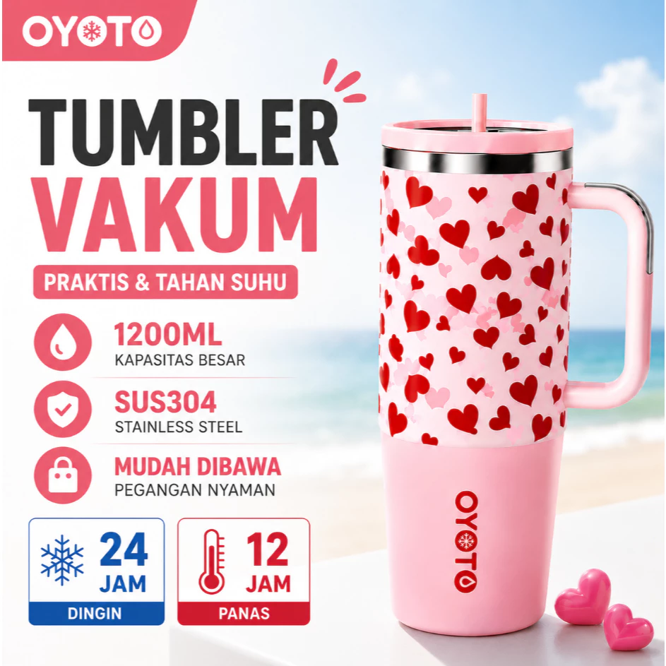 OYOTO Tumbler Vakum 1200ML Pink Motif Hati Stainless Steel Tahan Dingin Panas 24 Jam Portable Outdoor