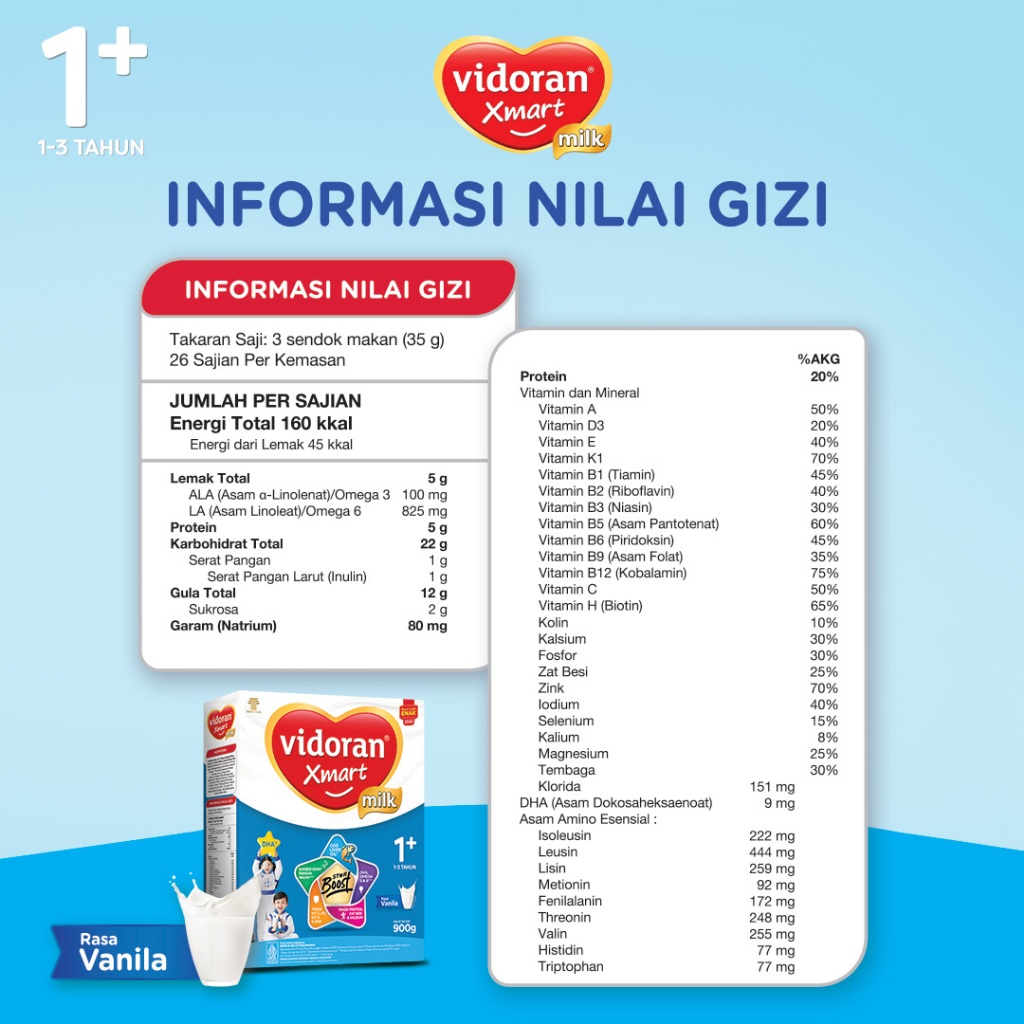 vidoran Xmart 1+ Vanila 900gr Susu Formula Pertumbuhan Anak 1-3 Tahun - 3 box (Exp : 07.2027) - Gambar 3