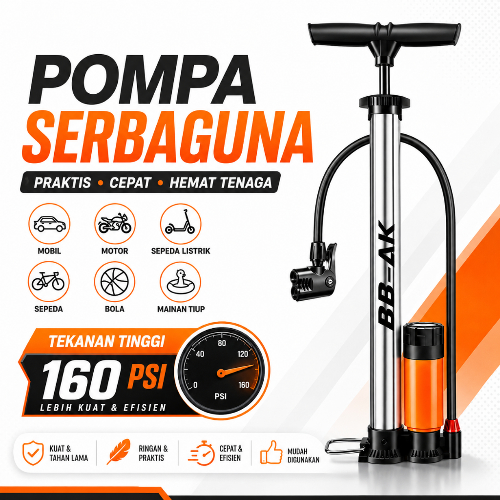 Pompa Angin Ban Manual Tekanan Tinggi 160 PSI Tabung Baja Anti Karat Barometer Portable
