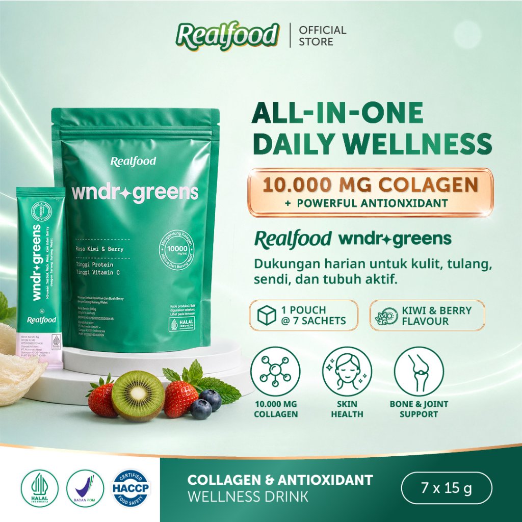 Realfood WNDRGREENS / Super Green Super Collagen Drink / Collagen 10000mg / Bird's Nest / Astaxanthin / Spirulina / Glutathione / Vitamin C / Klorofil / Green Tea EGCG / Multivitamin Greens / Skin Gut Immunity / Focus Energy