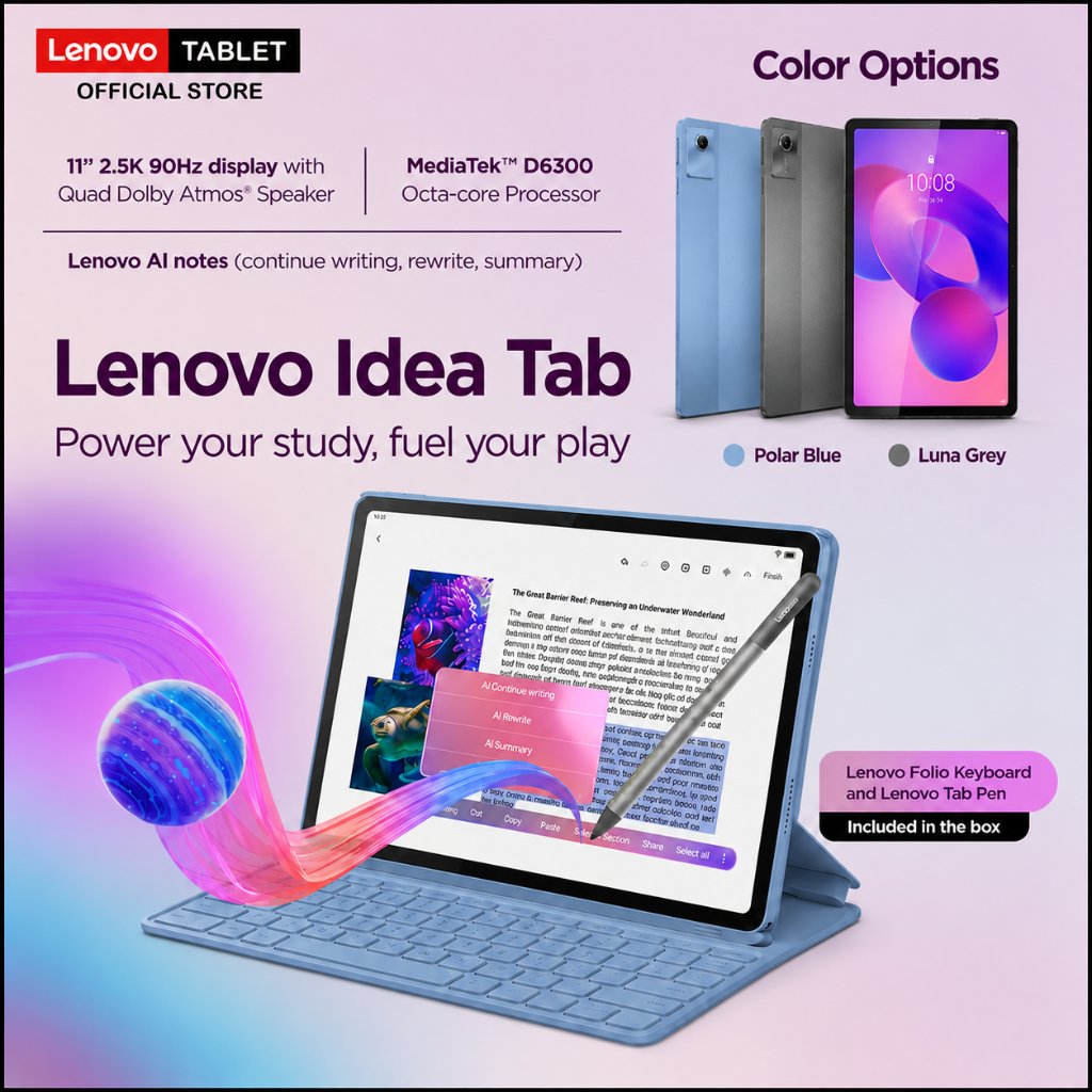 Lenovo Idea Tab - Tablet Android - MediaTek Dimensity 6300 - 11" 2.5K IPS 90Hz 500nits – Quad-Speakers Dolby Atmos - 7040mAh - Gambar 2